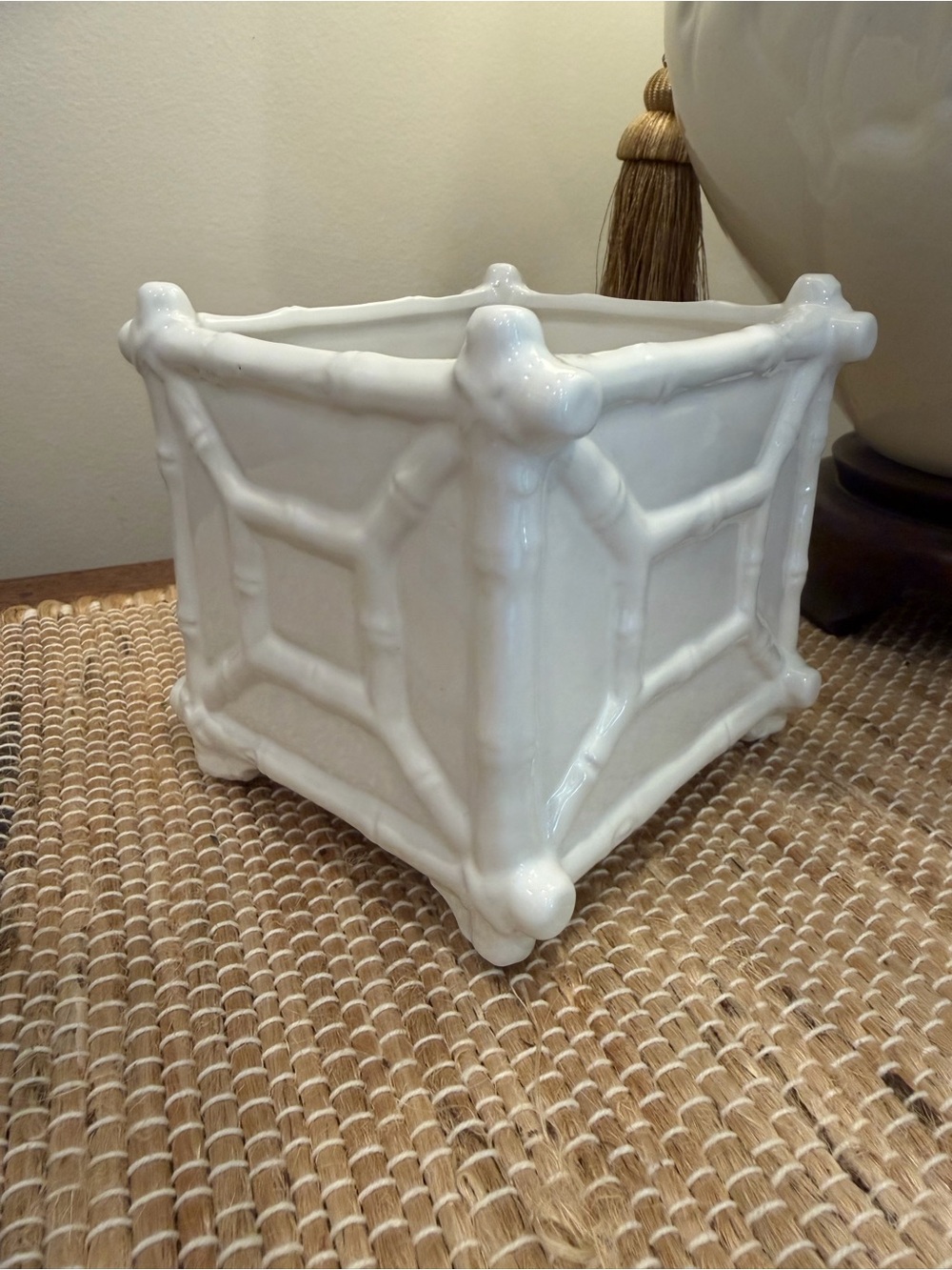 White Ceramic Chinoiserie Bamboo Planter - Picture 2 of 6